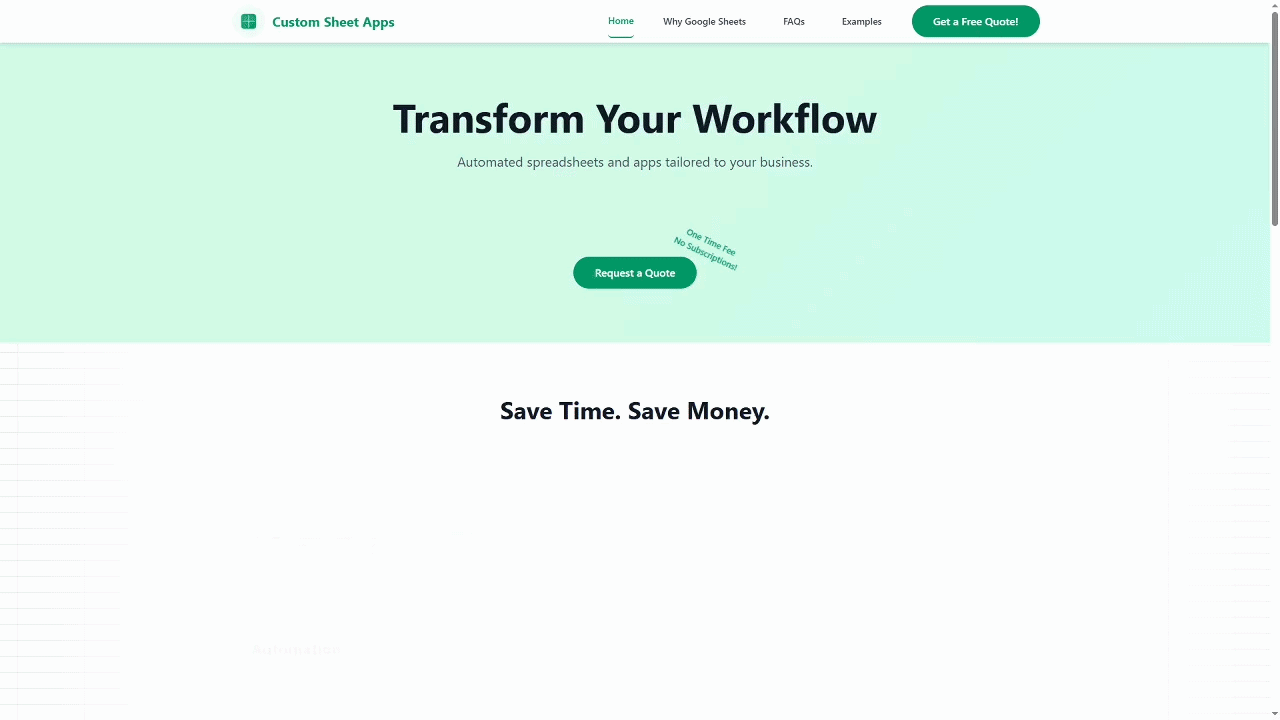 Custom Sheet Apps website screenshot